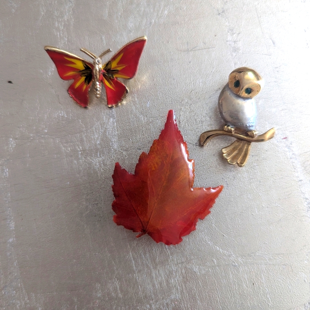♥️ Vintage Brooch Lot Owl Butterfly Maple Leaf  Silvertone Goldtone